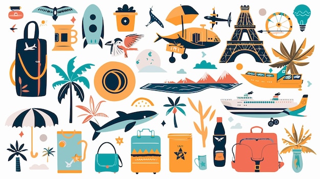 Vector a collection of colorful illustrations including a plane a beach and a beach