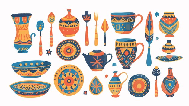 Vector a collection of colorful illustrations of various items including a teapot a teapot and a spoon