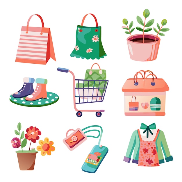 A collection of colorful illustrations of various shopping related items