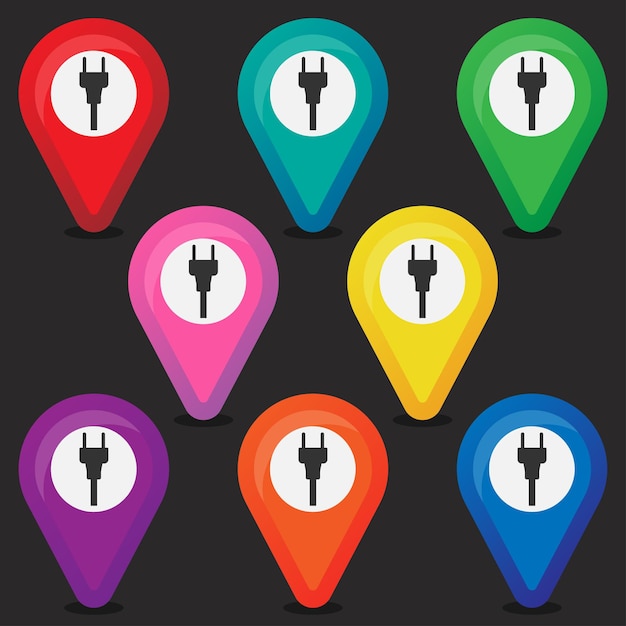 Vector collection of colorful location pointers with plug sign