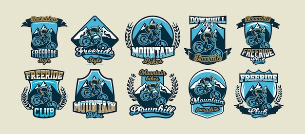 Collection of colorful logos emblems stickers rider to perform tricks on a mountain bike on a background of mountains isolated vector illustration Club downhill freeride Print on Tshirts