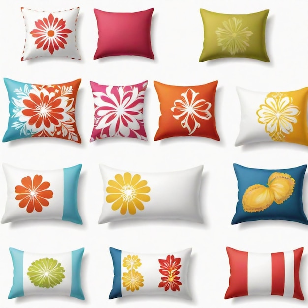 Vector a collection of colorful pillows with a red and white pattern