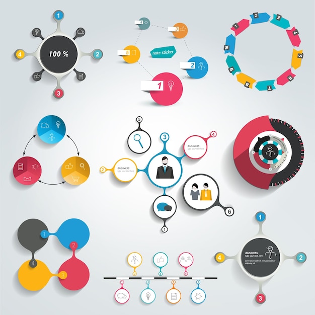 Collection of colorful round info graphics diagrams.