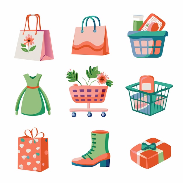 Collection of colorful shopping bags baskets and gifts