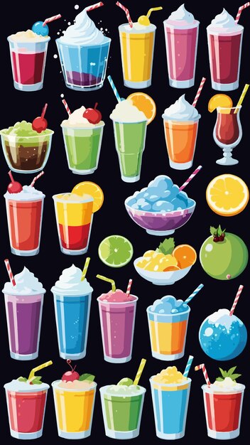 Vector a collection of colorful slushies cartoon drawing artwork vector