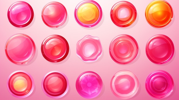 a collection of colorful soaps on pink background