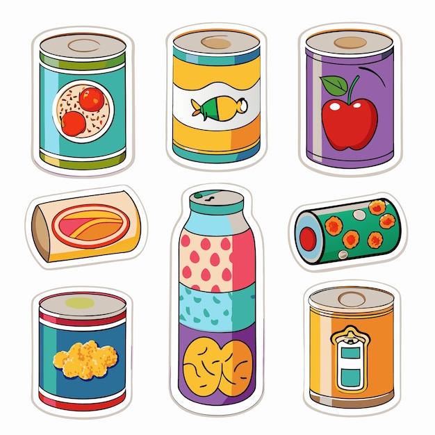 Collection of colorful sticker cans with various food items inside