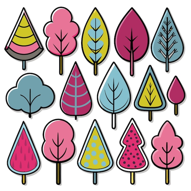 Collection of Colorful Trees with Different Shapes and Textures