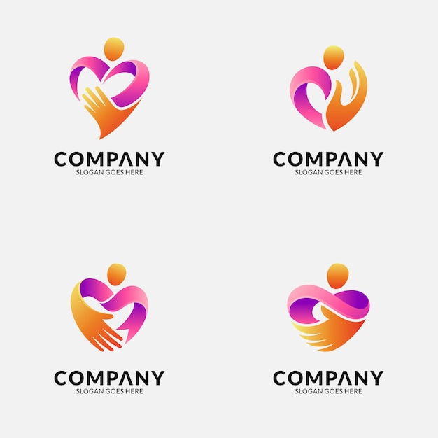 collection of combination heart logo templates with hand and person shapes