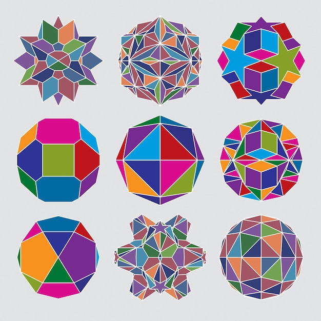 Collection of complex dimensional spheres and abstract geometric figures with white outline. Kaleidoscope effect.