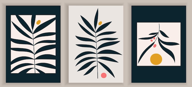 Collection of contemporary monochrome art posters. Abstract geometric elements and strokes, leaves and berries. Elegant black and white posters. Great design for social media, postcards, print.