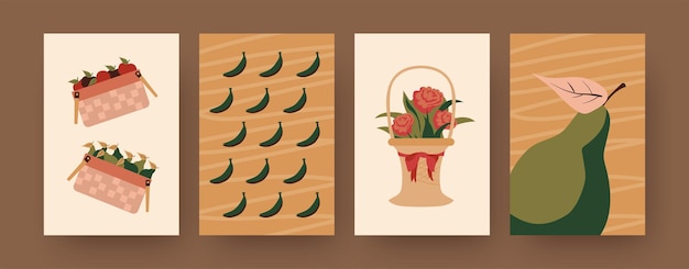 Collection of contemporary posters with food and flower hampers. Baskets of apples, pears, bananas  illustrations. Picnic, summer concept for designs, social media, 