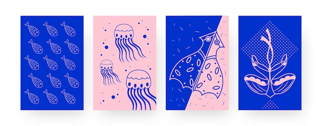 Collection of contemporary posters with sea creatures kites. Fish, jellyfish, squid, stingray kites  illustrations in creative style. Outdoor activity, wildlife concept for designs, social media