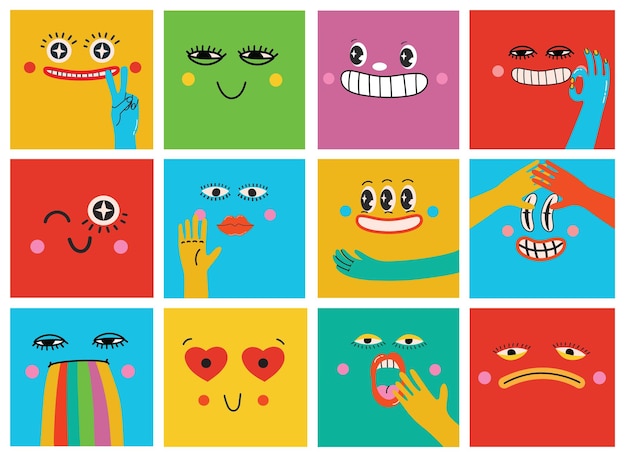 Collection of crazy Abstract comic characters elements and faces Bright colors Cartoon style Vector Illustration