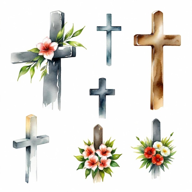 Vector a collection of crosses and flowers including one that says  cemetery