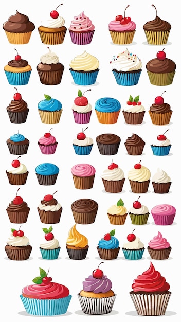 a collection of cupcakes with different colored icing cartoon drawing artwork vector