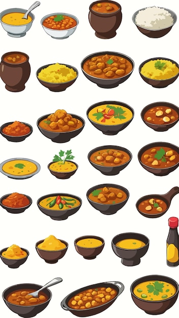 A collection of curry dishes cartoon drawing artwork illustration vector