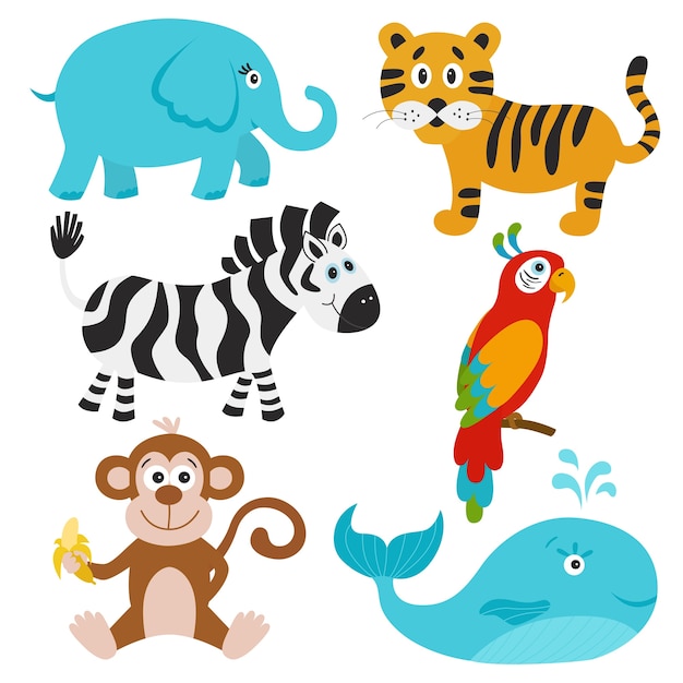 Collection of  cute animals Elephant tiger zebra parrot whale monkey