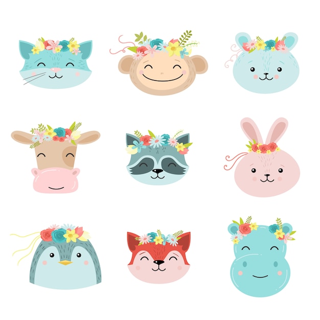 Collection of cute animals with floral wreath.