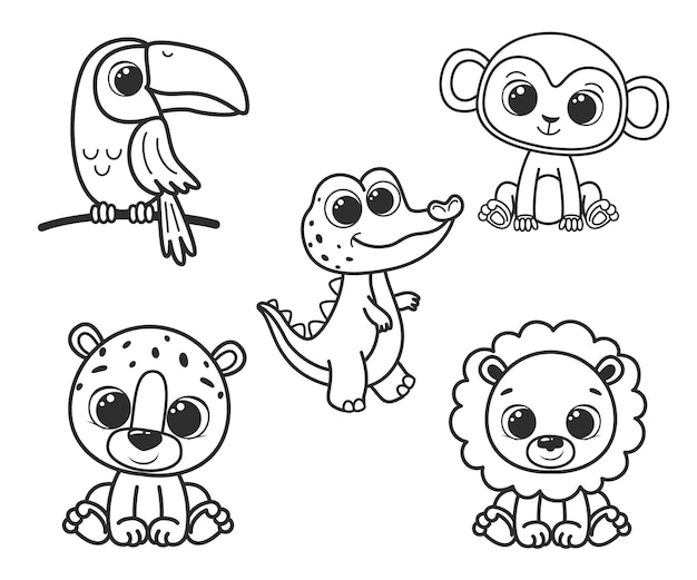 A collection of cute cartoon animals. Black and white vector illustration for a coloring book. Contour drawing.