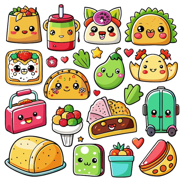 Vector a collection of cute cartoon characters in the shape of food items