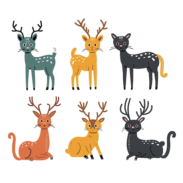 Collection cute cartoon deer characters various poses Colorful stylized vector illustration six