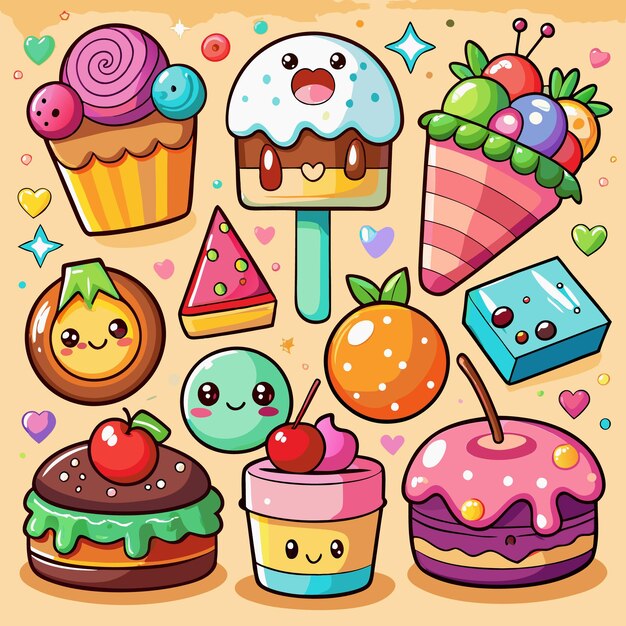 Vector a collection of cute cartoon desserts including cakes cupcakes ice cream and fruit all with happy faces