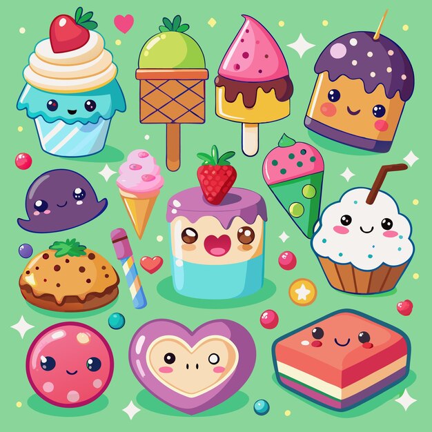 A collection of cute cartoon desserts with different shapes and flavors