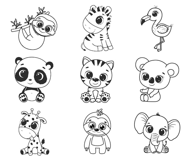 A collection of cute cartoon exotic animals. Black and white vector illustration for a coloring book. Contour drawing.