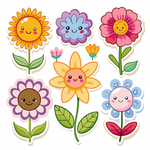 Collection of cute cartoon flowers with smiling faces