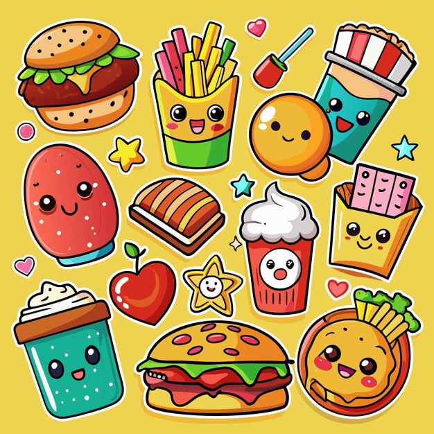 Vector a collection of cute cartoon food characters including a burger fries popcorn ice cream and more