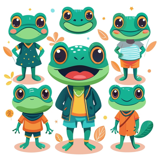 A collection of cute cartoon frogs in various outfits and poses