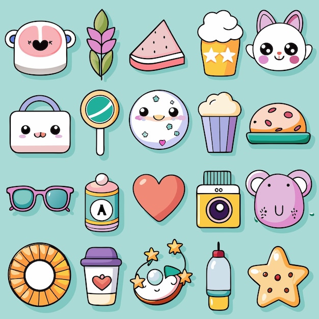 Vector a collection of cute cartoon images including a cat and a cupcake