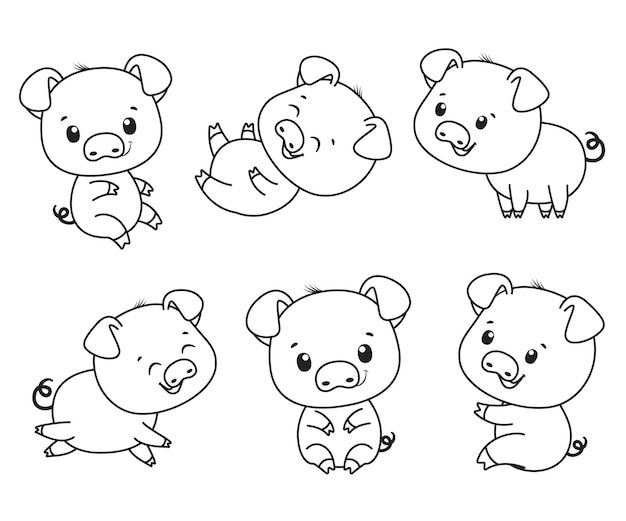 A collection of cute cartoon piglets. Black and white vector illustration for a coloring book. Contour drawing.