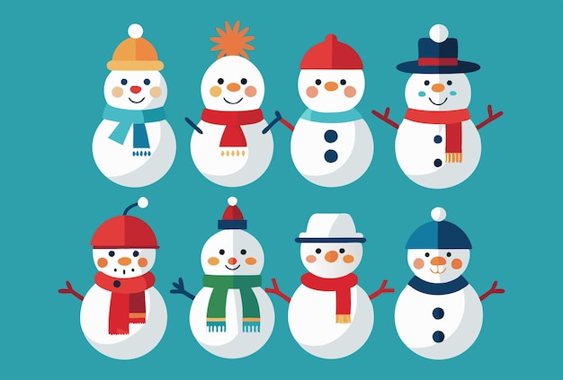 Collection of Cute Cartoon Snowmen with Various Hats and Scarves Winter Vector Illustration