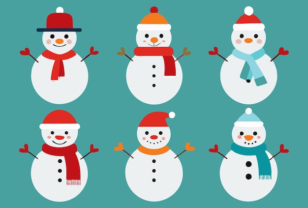 Vector collection of cute cartoon snowmen with various hats and scarves winter vector illustration