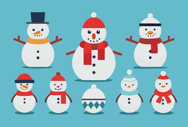 Vector collection of cute cartoon snowmen with various hats and scarves winter vector illustration