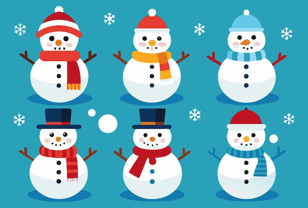 Collection of Cute Cartoon Snowmen with Various Hats and Scarves Winter Vector Illustration