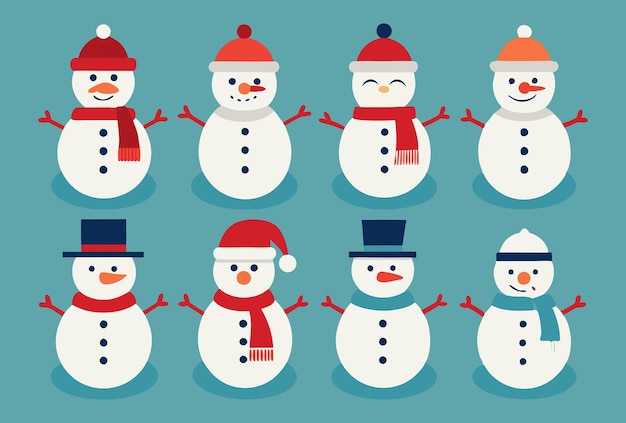 Vector collection of cute cartoon snowmen with various hats and scarves winter vector illustration