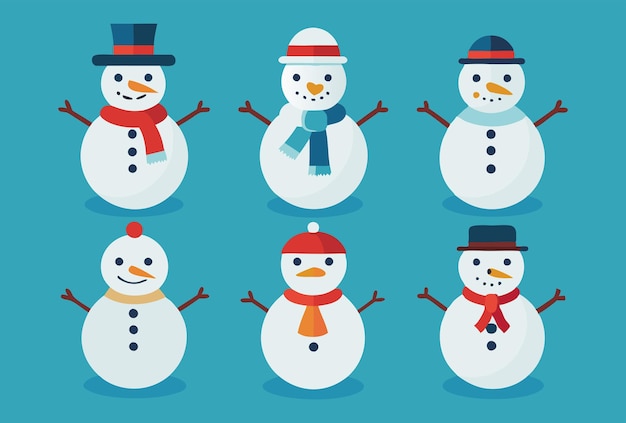 Collection of Cute Cartoon Snowmen with Various Hats and Scarves Winter Vector Illustration