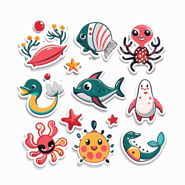 Vector a collection of cute cartoon stickers featuring sea life and ocean creatures like a red fish starfish seahorse and crab