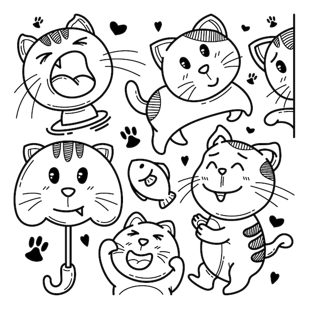 Collection of cute cat doodle character illustration