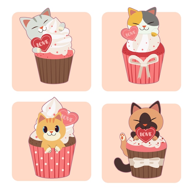 collection of cute cat sitting in cupcake on pink