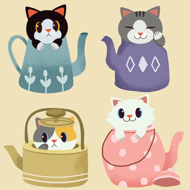 The collection of cute cat sitting in the tea pot.