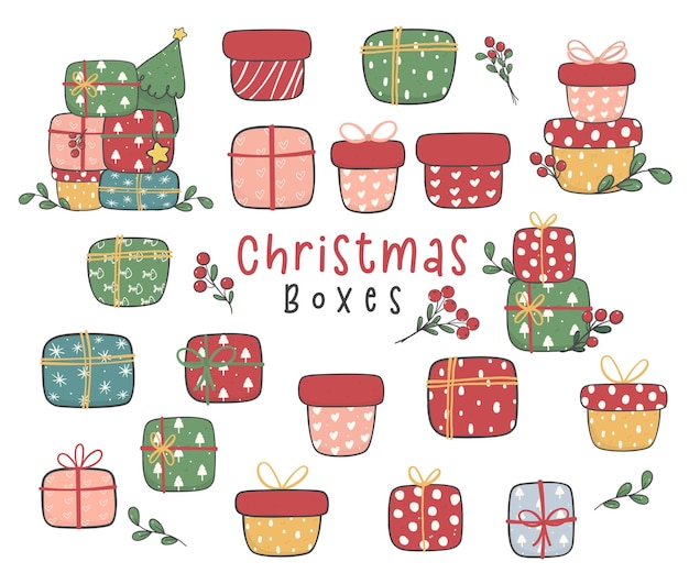 Collection of cute Christmas gift boxes doodle hand drawn vector