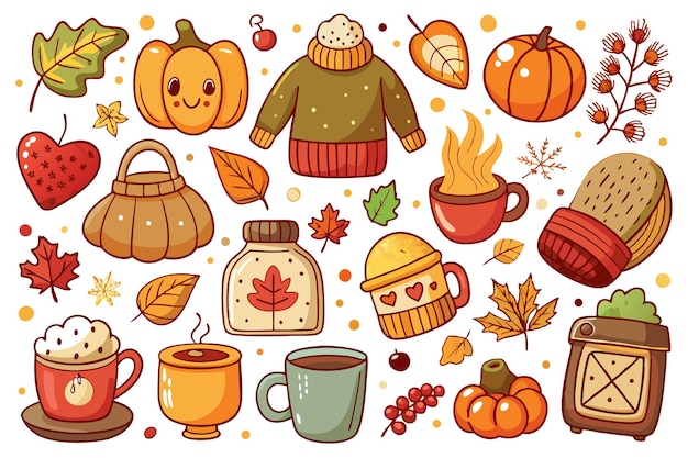 Vector a collection of cute colorful and autumnal illustrations including pumpkins leaves mugs sweaters and more