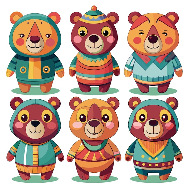 Vector a collection of cute colorful cartoon bears in various outfits