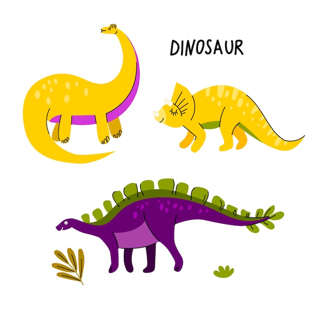 Collection of cute dinosaurs triceratops diplodocus stegosaurus plants flat design isolated