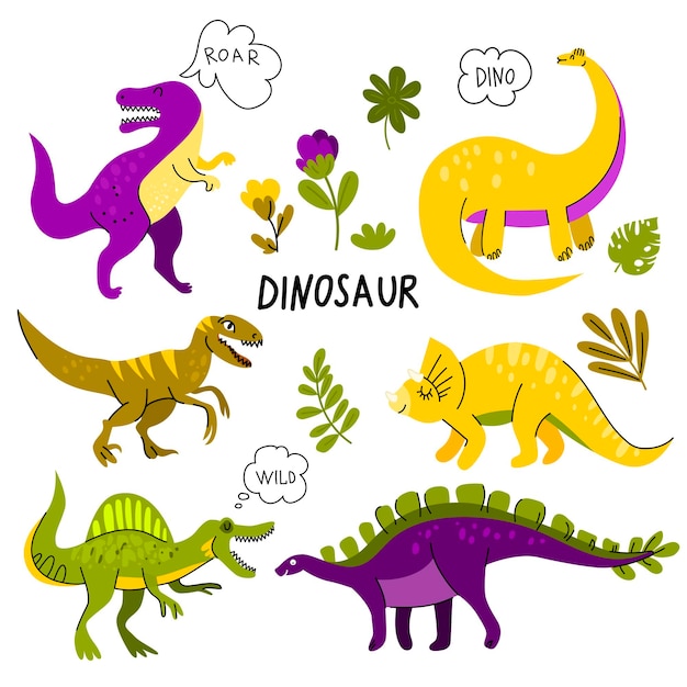 Collection of cute dinosaurs tyrannosaurus triceratops velociraptor diplodocus spinosaurus stegosaur