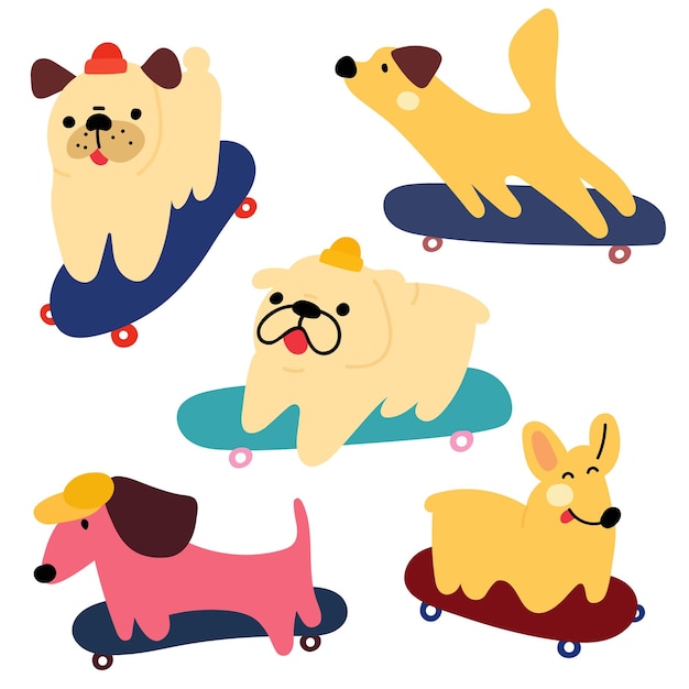 Collection of cute dogs on skateboards Vector icon illustrations on white background